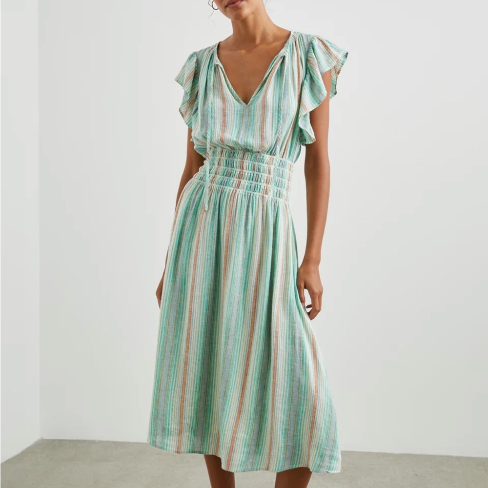 Rails Striped Ruffle Sleeve Dress - Blue and Tan